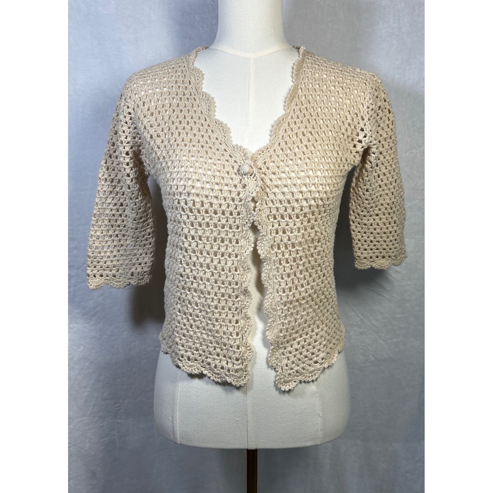 Norm Thompson Crochet Cardigan Sweater Sm Linen Blend Lagenlook Fairy Coquette